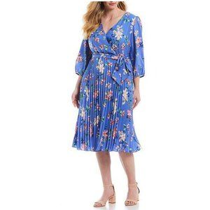 NWOT Eliza J Pleated Faux Wrap Floral Blue Dress